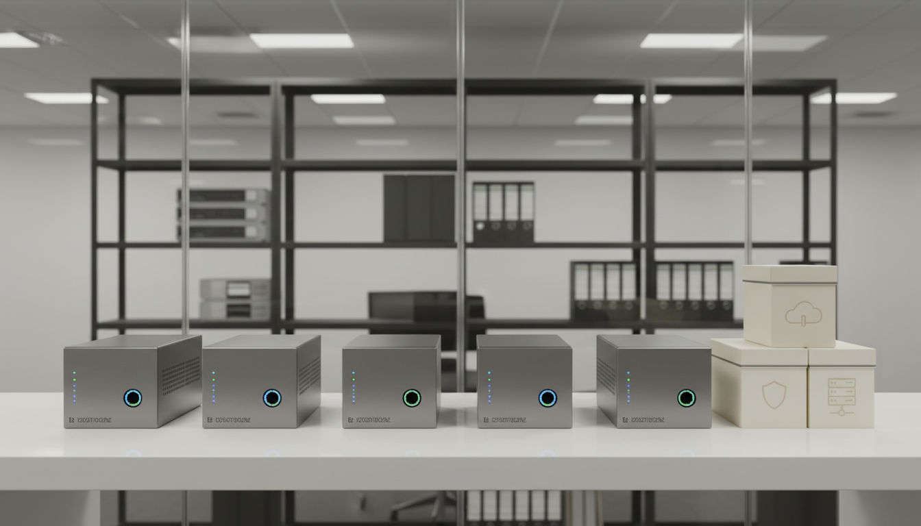 A row of compact, pristine, matte aluminum network devices with tiny, glowing indicator lights aligned methodically on a spotless, reflective white shelf. Beside the devices, a neat arrangement of sleek, neutral-colored storage boxes with subtle debossed icons representing cloud and security. The setting is a modern corporate interior with a backdrop of glass walls and a structured grid of shelving, evoking purposeful organization and technical precision. Even, controlled artificial light ensures maximum clarity, enhancing metallic textures and casting discrete, soft-edged shadows. Shot from a frontal, eye-level composition with sharp detail throughout, the image delivers a sense of reliability, expertise, and order, reinforcing the business focus of the website.