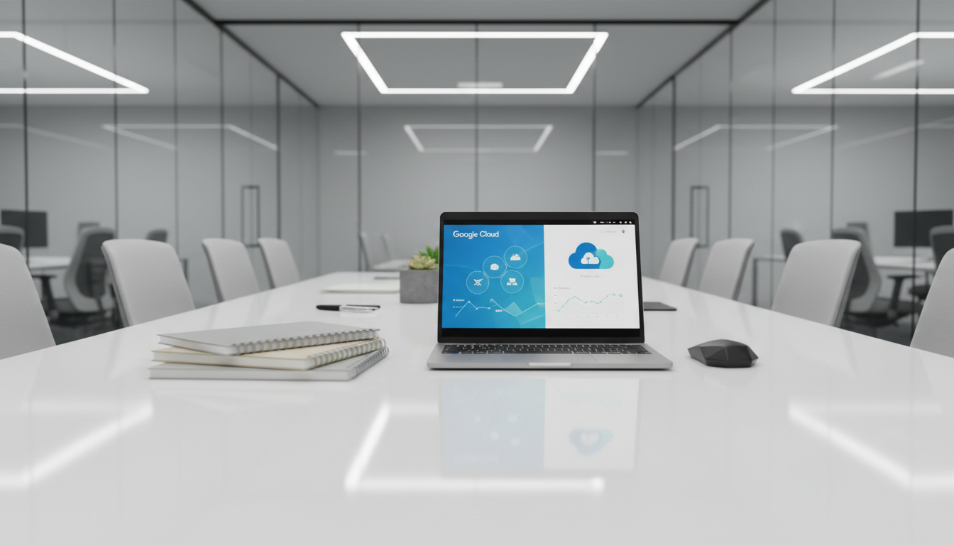 A close-up of a contemporary, high-gloss white conference table with a slim silver laptop displaying a stylized Google Cloud dashboard on its screen. The laptop is surrounded by neatly stacked, neutral-colored business notebooks and a geometric wireless mouse. The background showcases large glass partitions and subtle, pale grey office furniture, suggesting a structured, corporate meeting space. Cool, even LED office lighting ensures clarity, creating crisp shadows and clean highlights on the tabletop. Photographed from a low, slightly angled perspective with shallow depth of field to emphasize the technology, the image conveys a focused, efficient, and modern workspace atmosphere. This balanced, uncluttered composition reflects confidence and professionalism, aligning perfectly with a business-centric, cloud consulting site.