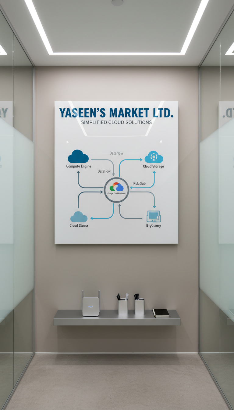 A glossy, neutral-toned wall-mounted display board showing a simplified, infographic-style Google Cloud architecture diagram in clean blues and silvers, with crisp, vector-like lines. The board is installed in a minimalist, glass-partitioned office nook, with built-in recessed lighting casting strategic highlights on the surface. Below, a set of compact, metallic wireless routers and minimalist office organizers rest on a clean, light grey shelf. Photographed from a direct, straight-on perspective for a balanced, structured composition, the image makes a visual statement about clarity and simplified cloud solutions. The overall mood is precise, polished, and informative, mirroring the professional, consultancy-driven spirit of YASEEN’S MARKET LTD.