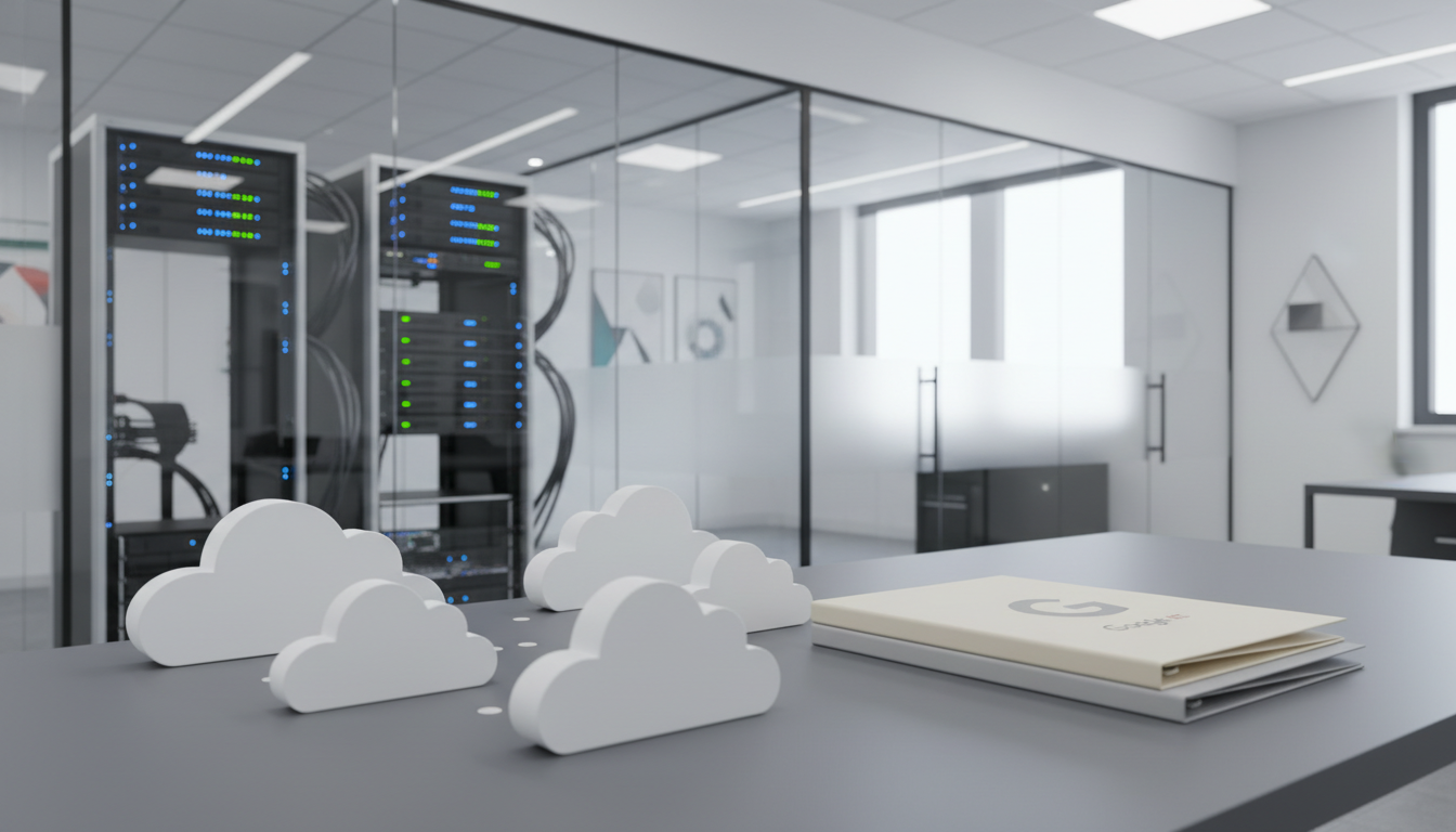 A meticulous arrangement of cloud-shaped, matte white acrylic models positioned on a smooth, slate-grey desk surface. Next to the cloud models, a stack of neutral-tone business folders with a clear Google Workspace logo embossed in silver adds subtle branding. The desk sits in an open, glass-walled workspace with sharp, minimalist design accents and clear sightlines to technology-rich equipment in the background. Soft overhead lighting balanced by gentle daylight keeps the space uniformly lit, resulting in minimal shadows and a clean, open feeling. The image is captured in a photographic realist style from an eye-level, slightly off-center view, creating an approachable yet sophisticated mood, suited for a Google cloud consulting partner’s website.