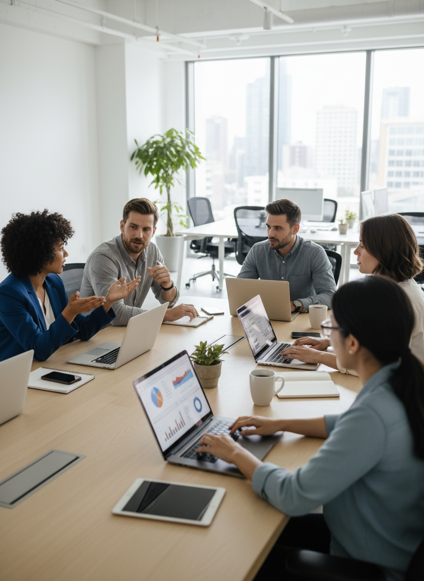 Realistic photo of a diverse group of professionals collaborating around a table with laptops in a modern bright office, clean background