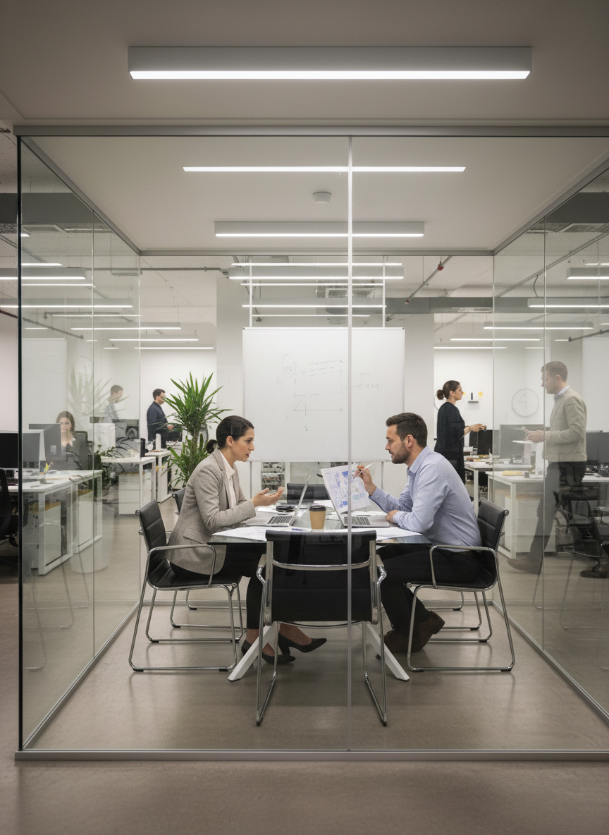 Realistic photo of two colleagues discussing work over laptops in a glass-walled meeting room, modern workspace